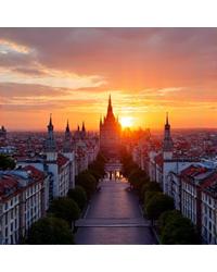 Skyline de Madrid al atardecer, representando el origen de Hostalify