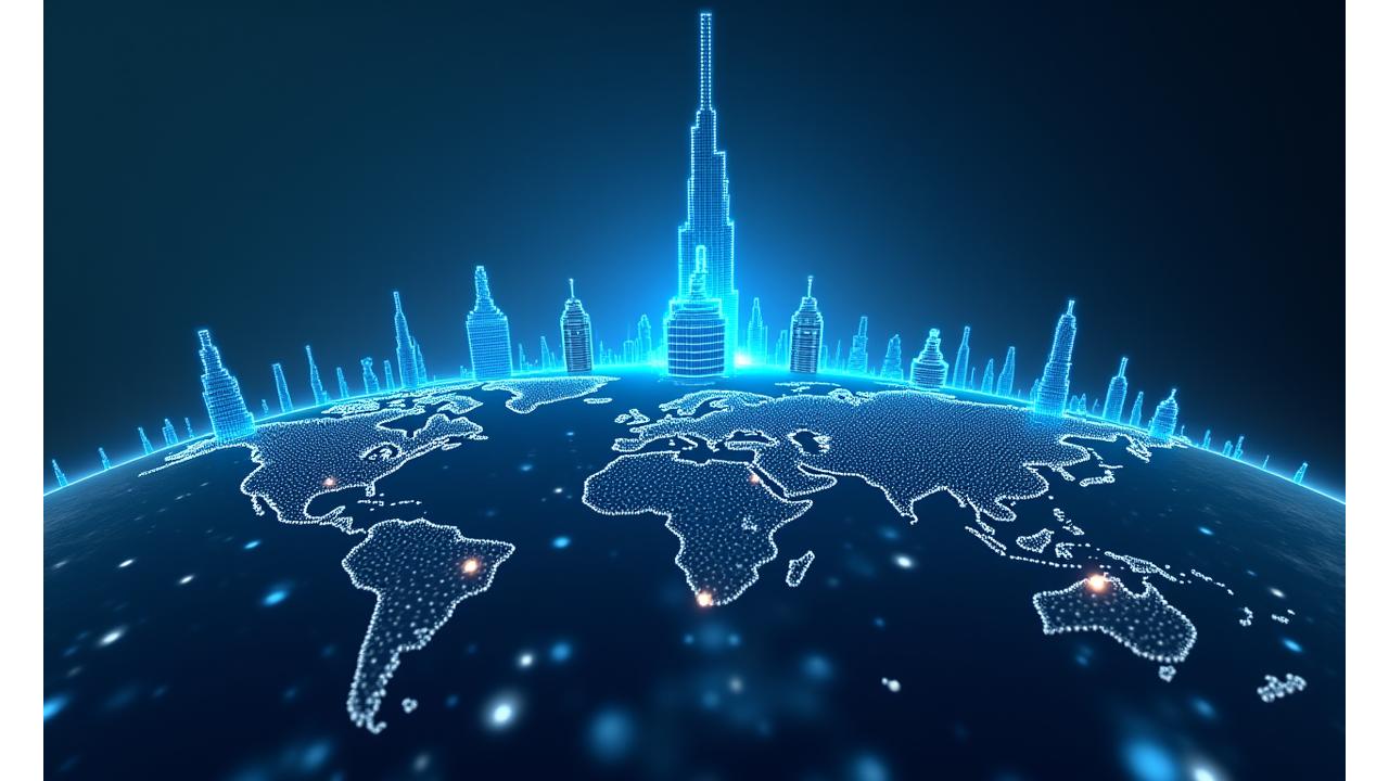 Vista aérea de una ciudad con iconos de conectividad digital representando soluciones tecnológicas para hoteles.
